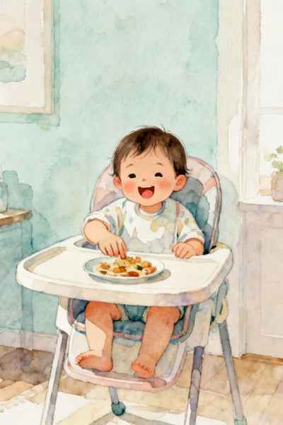 Zee eats on highchair